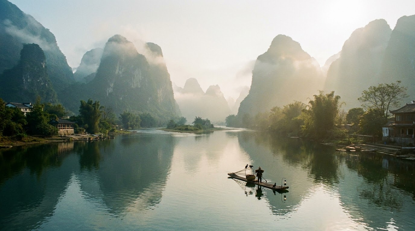 Li River in Guilin with karst mountains