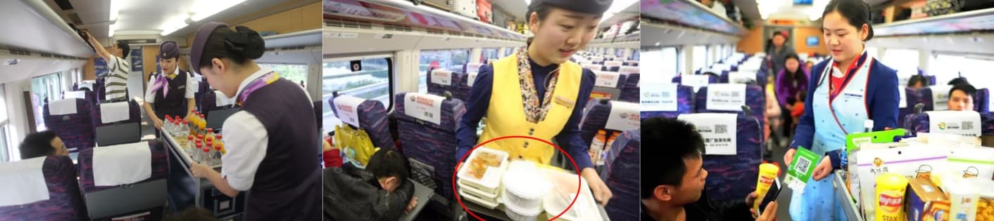 staff member pushes trolley selling fruit, tea, coffee, and pre-packaged bento-style meals on China High-Speed Trains